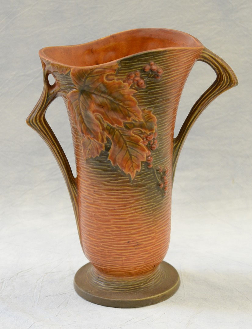 Appraisal: Roseville rust green bushberry double handled vase - - h