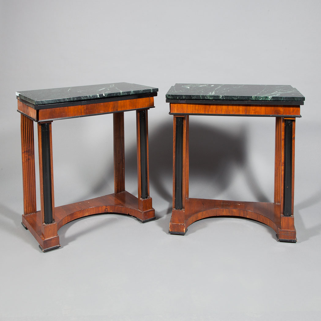 Appraisal: Pair of Neoclassical Style Black Painted Walnut Mirrored Diminutive Consoles