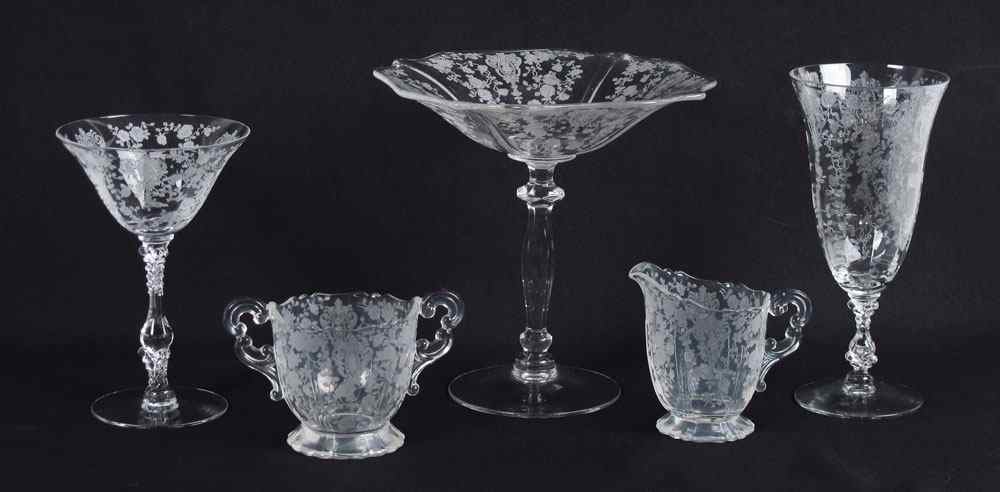 Appraisal: CAMBRIDGE ROSE POINT ELEGANT ETCHED GLASSWARE Approx pieces to include