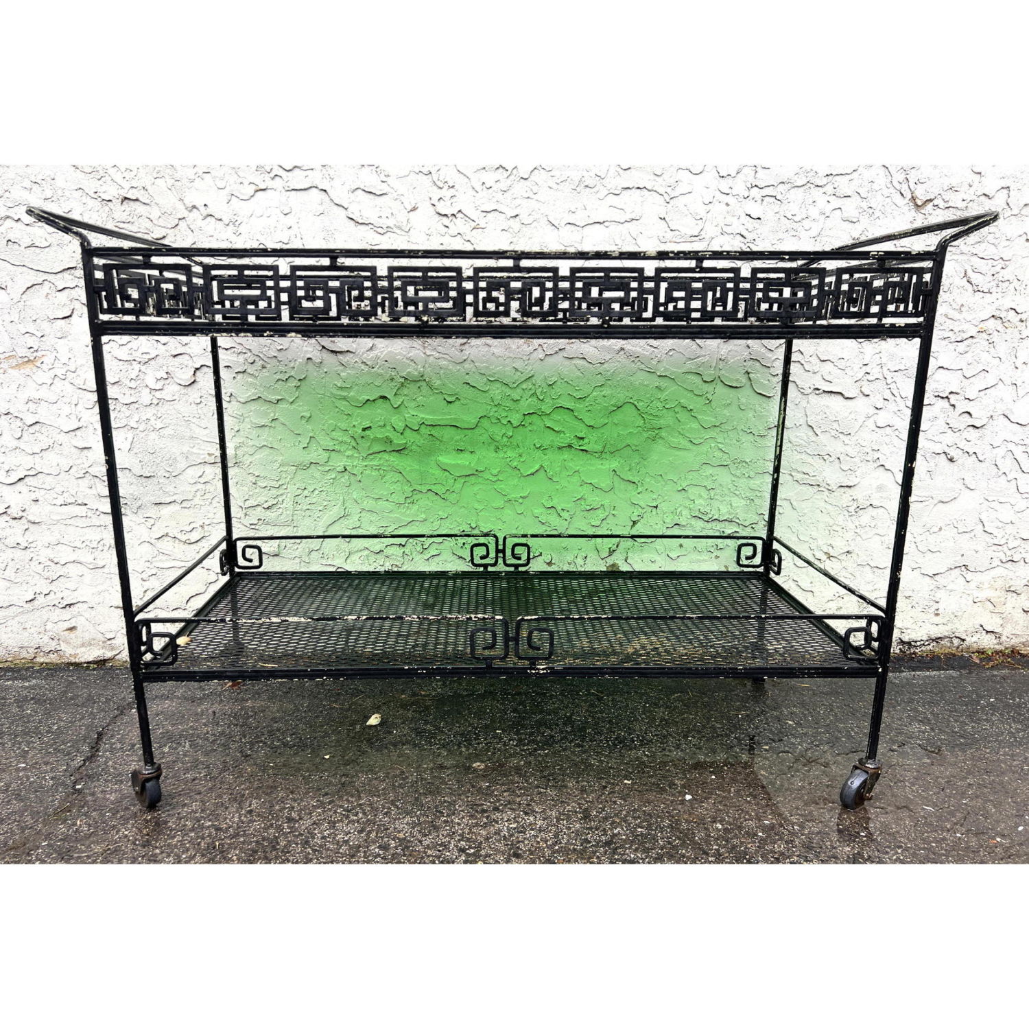 Appraisal: Greek Key Design Wrought Iron Bar Cart Server Patio Garden