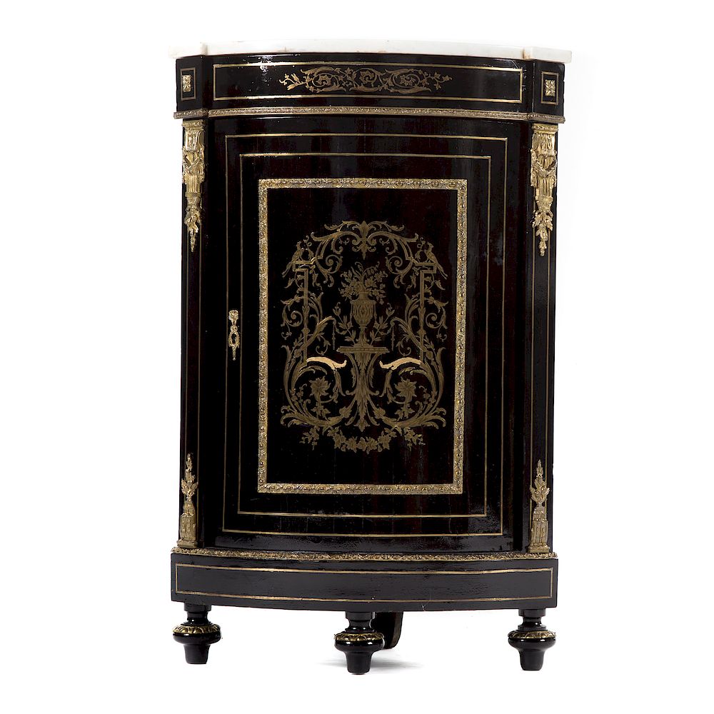 Appraisal: Louis XVI style ebonized boulle encoignure th century quarter-round white