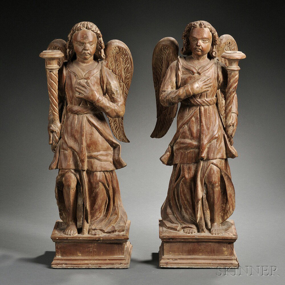 Appraisal: Pair of Carved Wood Angels th century each figure standing