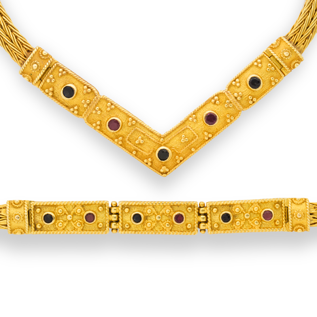 Appraisal: A GEMSTONE AND EIGHTEEN KARAT NECKLACE AND BRACELET SUITE A