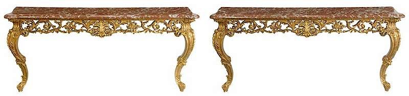 Appraisal: Pair Louis XV Style Marble-Top Consoles Italian late th early