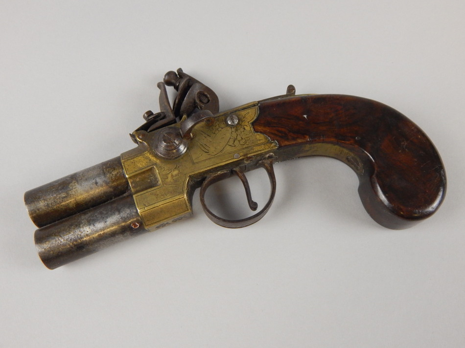 Appraisal: An early thC flintlock double barrel pistol indistinctly signed Bunney