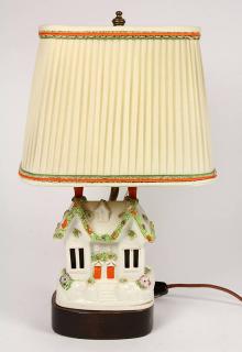 Appraisal: English porcelain boudoir lamp the custom shade surmounting the porcelain