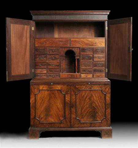 Appraisal: GOOD GEORGE III MAHOGANY WRITING CABINET the dentil cut moulded