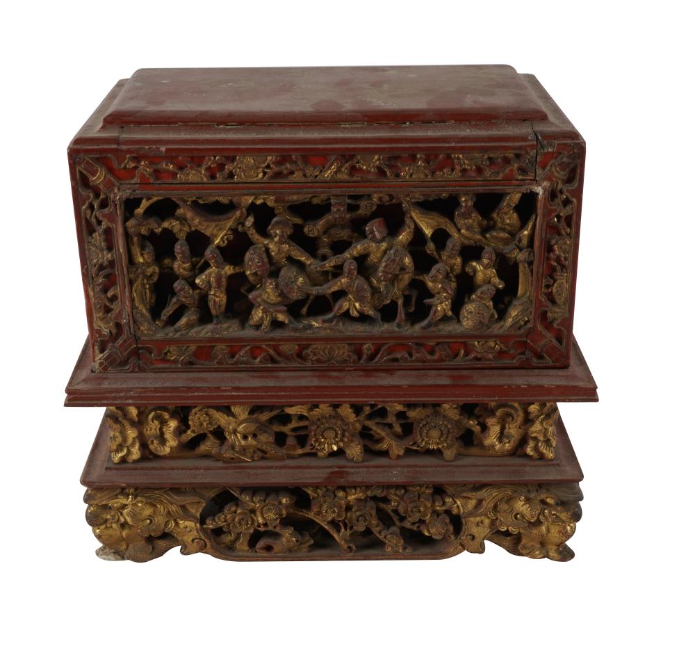 Appraisal: CHINESE RED GILT CARVED WOOD BOX ON STANDthe box having