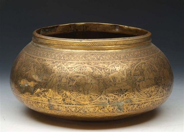 Appraisal: A SAFAVID ENGRAVED ISLAMIC BRASS BOWL th Century with figures