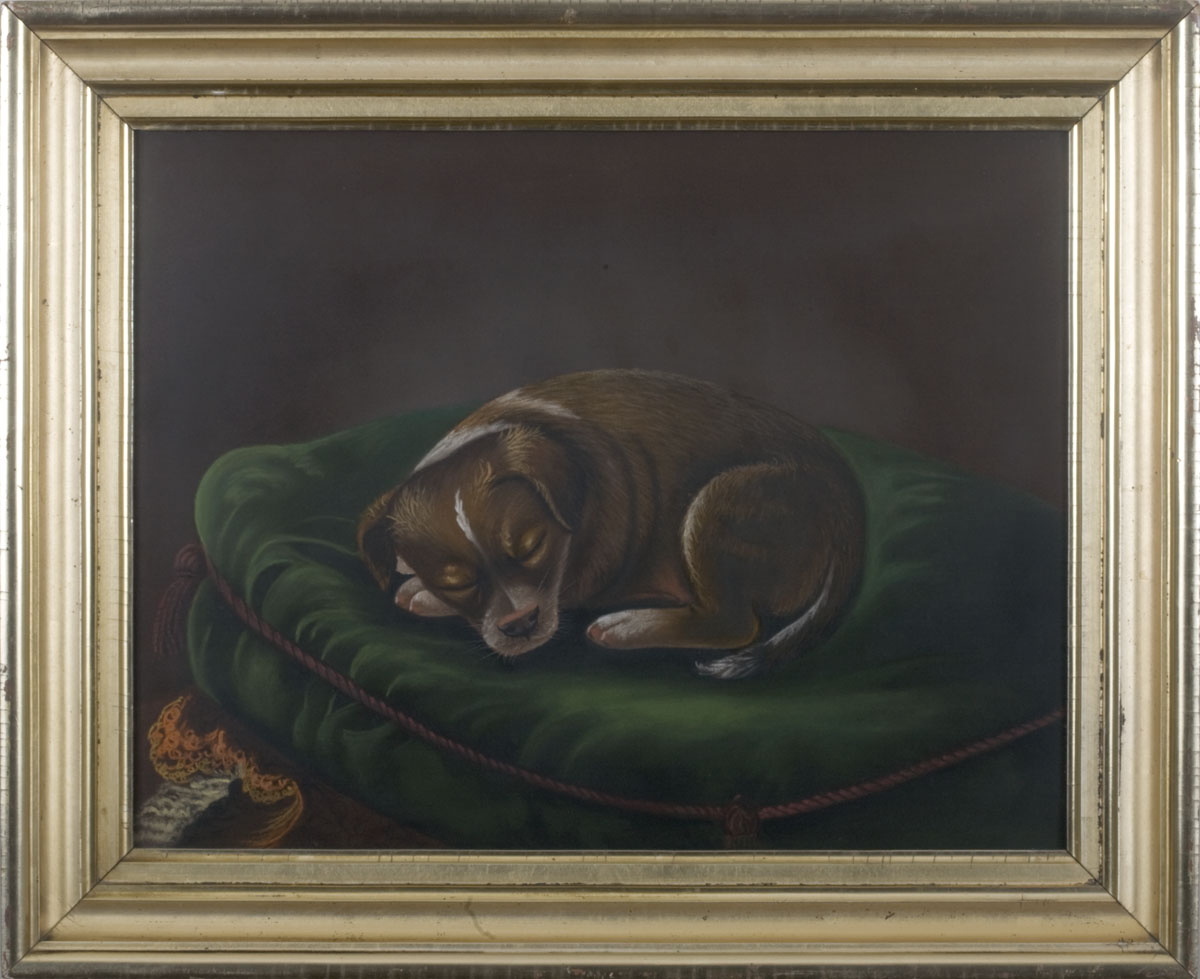 Appraisal: AMERICAN PRIMITIVE OF A PUPPY SLEEPING ON A PILLOW Pastel