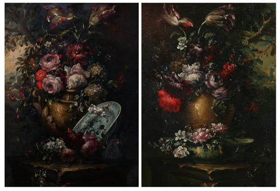 Appraisal: CONTINENTAL SCHOOL th century FLORAL STILL LIFES A PAIR oil