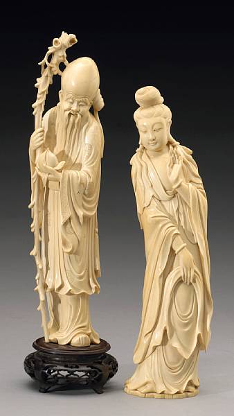 Appraisal: Two carved ivory figures The first depicting Shoulao with a