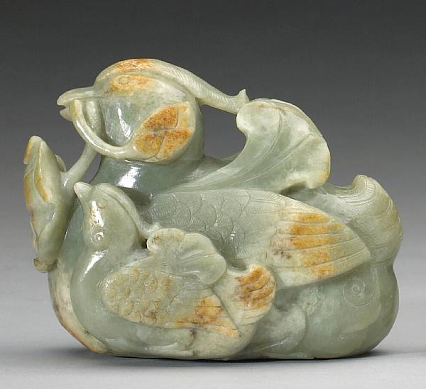 Appraisal: A celadon and russet jade model of a Mandarin duck