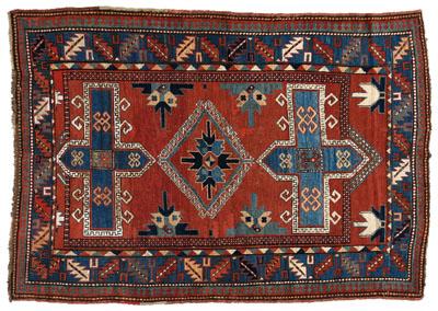 Appraisal: Kazak double-entrant prayer rug geometric medallions on brick red ground