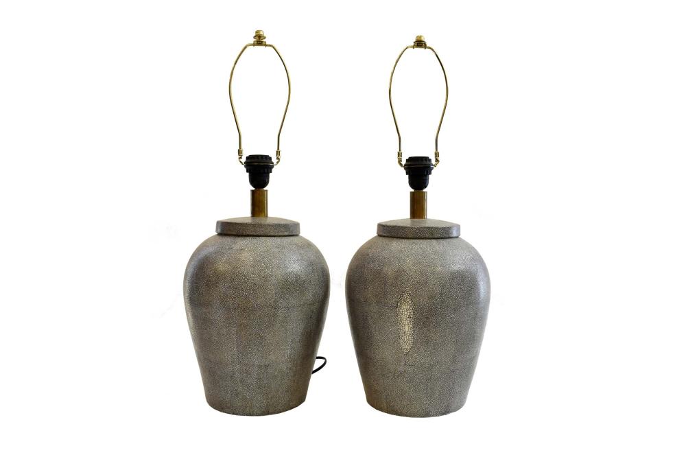 Appraisal: PAIR OF CONTEMPORARY FAUX SHAGREEN LAMPSEach lidded tapered ovoid vessel