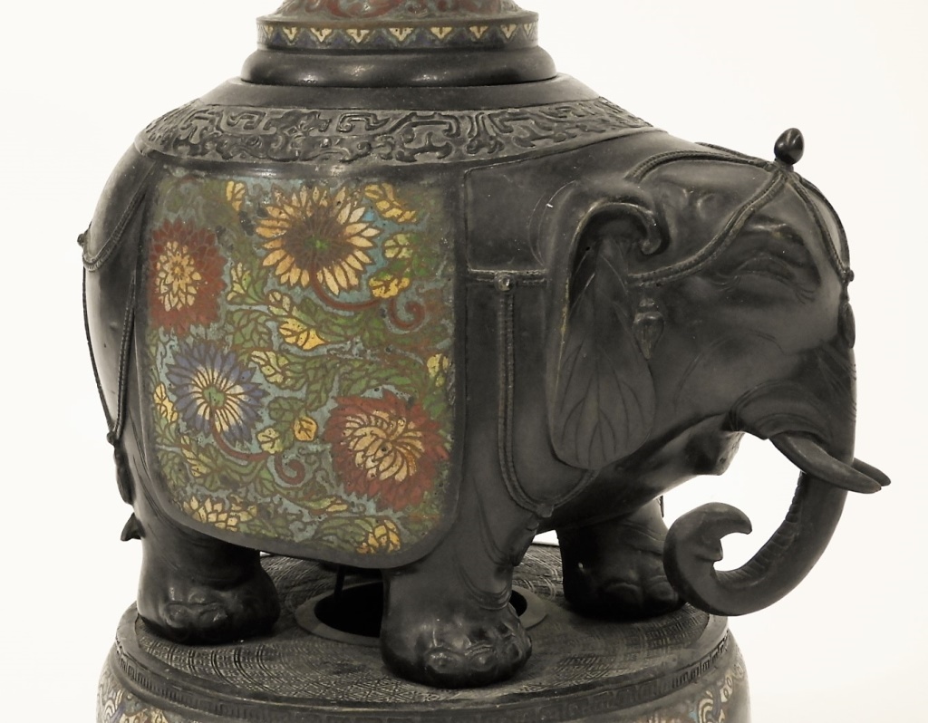 Appraisal: CHINESE CLOISONNE BRONZE ELEPHANT FIGURAL LAMP China th CenturyDecorated with