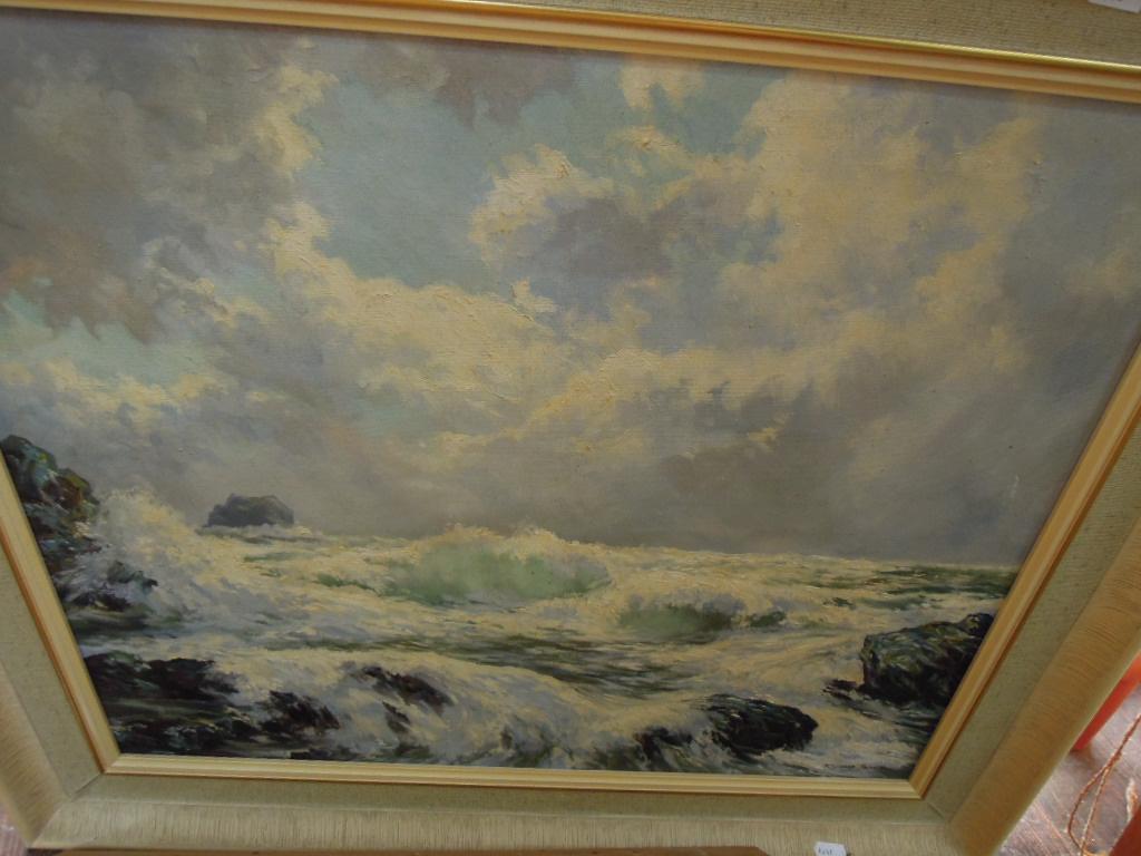 Appraisal: An oil painting on canvas of a coastal scene signed