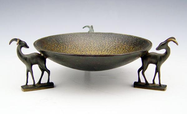 Appraisal: HAGENAUR ART DECO BRONZE GAZELLE FIGURAL DISH Attribution Hammered texture