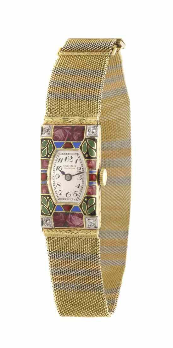 Appraisal: An Karat Gold Diamond and Polychrome Enamel Wristwatch E G