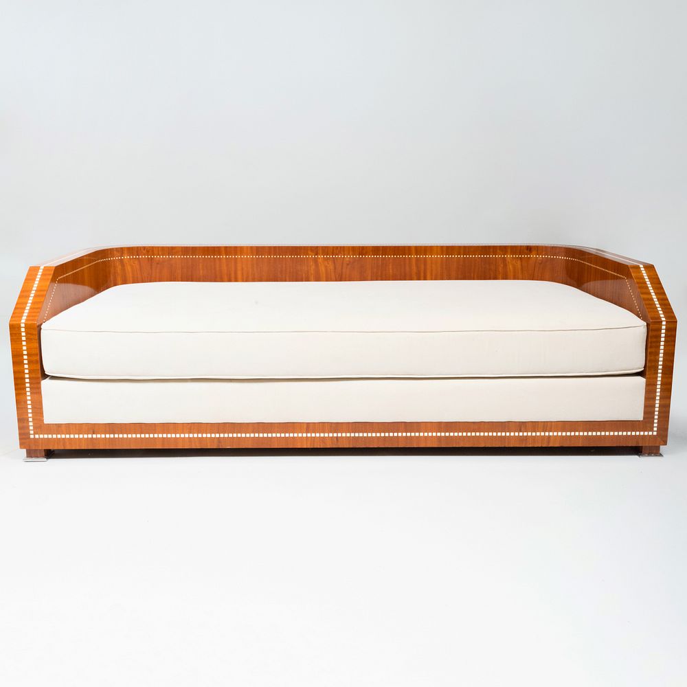 Appraisal: Art Deco Style Inlaid Tulipwood Sofa With six loose pillows