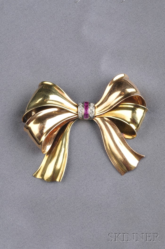 Appraisal: Retro kt Bicolor Gold and Diamond Bow Brooch with ruby