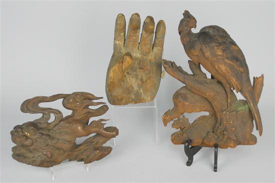 Appraisal: THREE CARVED WOOD ARCHITECTURAL FRAGMENTS including a pair of birds