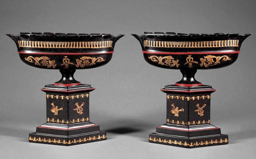 Appraisal: Pair of Tole Peinte Urns on Pedestals th c h