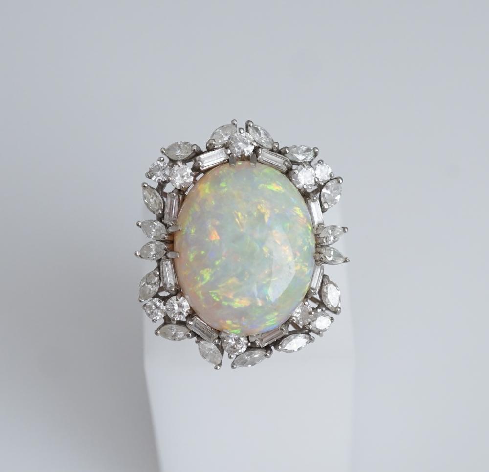 Appraisal: TESTED -KARAT WHITE-GOLD OPAL AND DIAMOND RINGTested -Karat White-Gold Opal