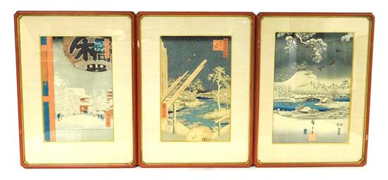 Appraisal: ASIAN Trio of Hiroshige Japanese - colored woodblock prints depicting