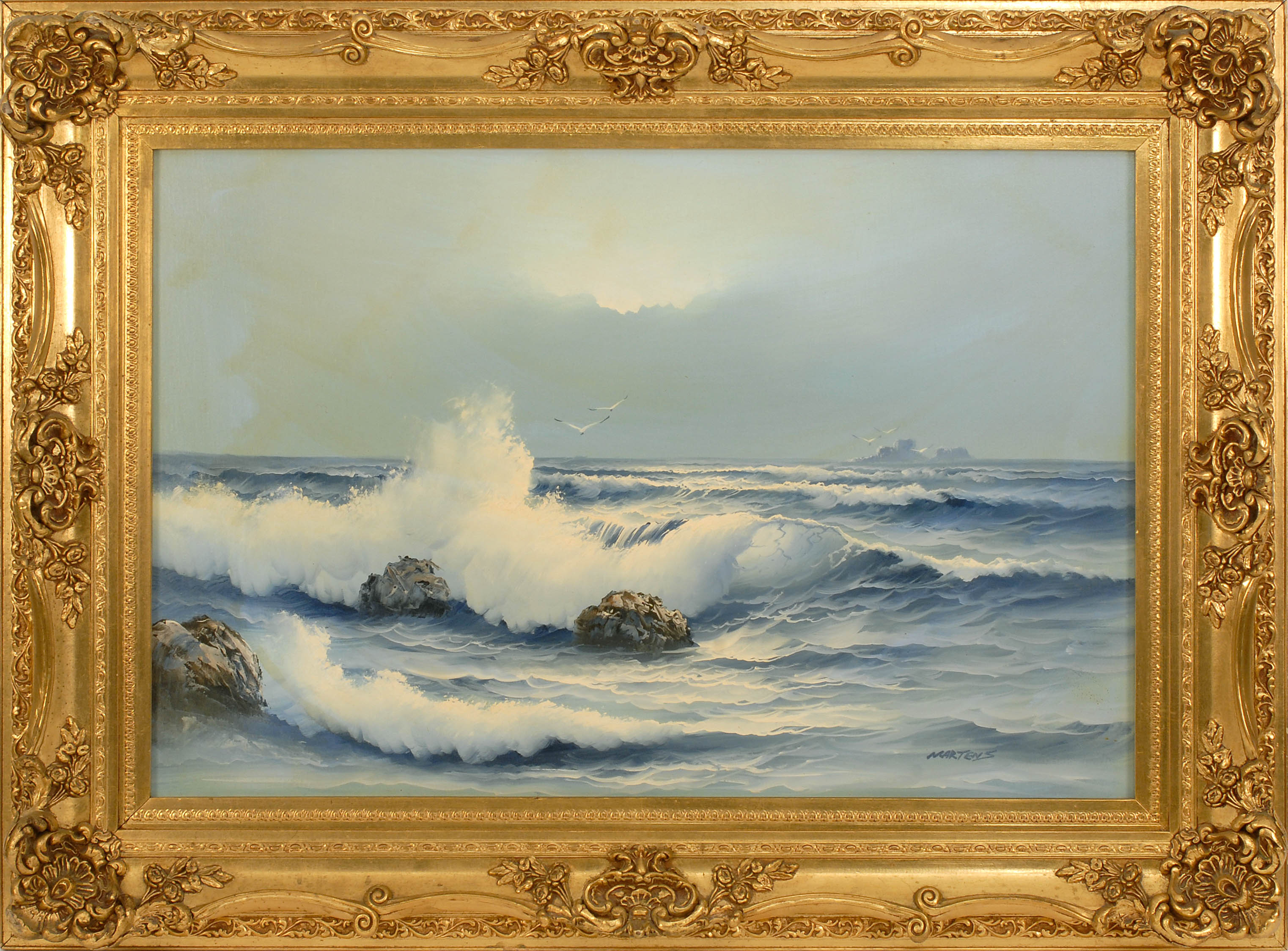 Appraisal: LARGE FRAMED PAINTING UNTRACED ARTIST Rocky coastal scene Signed lower