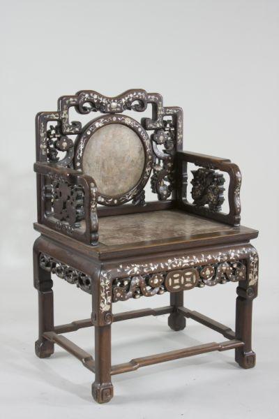 Appraisal: Chinese Carved Inlaid Arm Chair th c back and seat