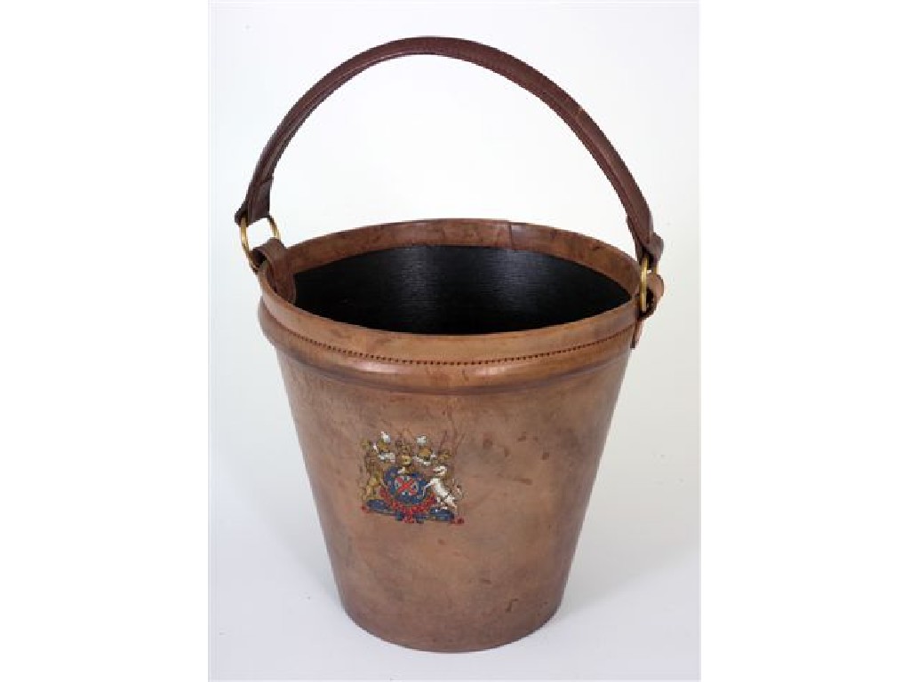 Appraisal: LEATHER FIRE BUCKET IN th CENTURY STYLE printed with a