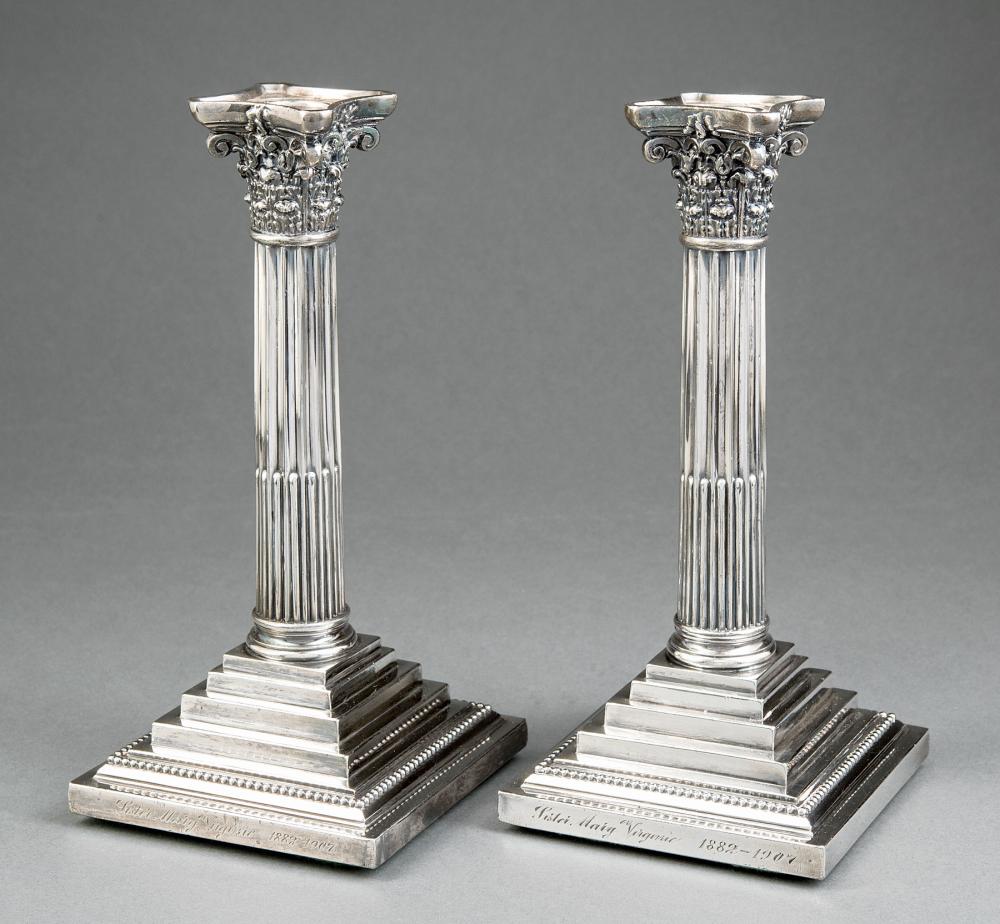 Appraisal: Pair of American Silverplate Corinthian Columnar Table Candlesticks h in