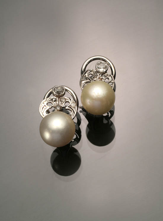 Appraisal: Pair of -Karat White-Gold Cultured Pearl and Diamond Pierced Earrings