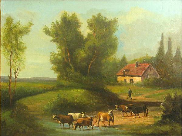 Appraisal: Continental School Cattle watering near a cottage oil on canvas