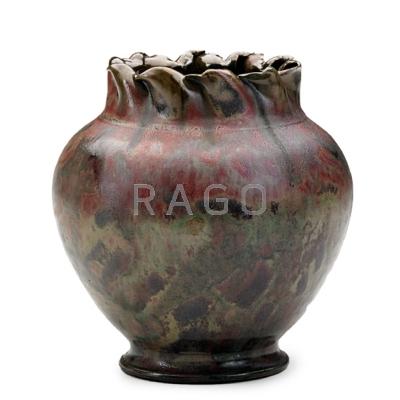 Appraisal: GEORGE OHR Exceptional spherical vase with folded rim rare matte