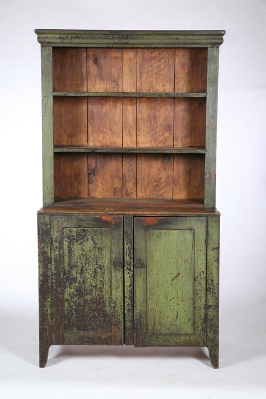 Appraisal: PAINTED STEPBACK CUPBOARD American mid th century poplar One-piece with