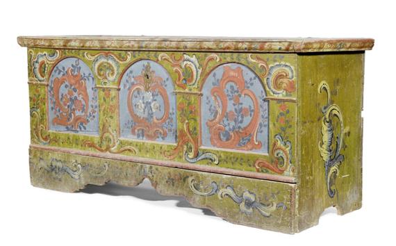 Appraisal: LARGE PAINTED CHEST Eastern Switzerland late th cent Painted softwood