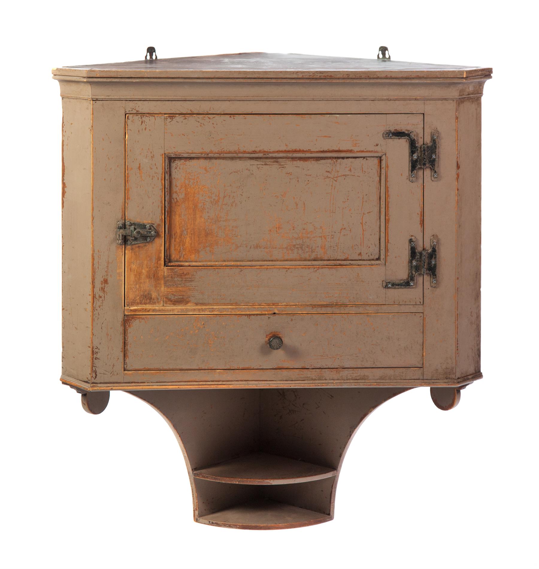 Appraisal: PUCE-COLOR PAINTED HANGING CORNER CUPBOARD American late th century pine