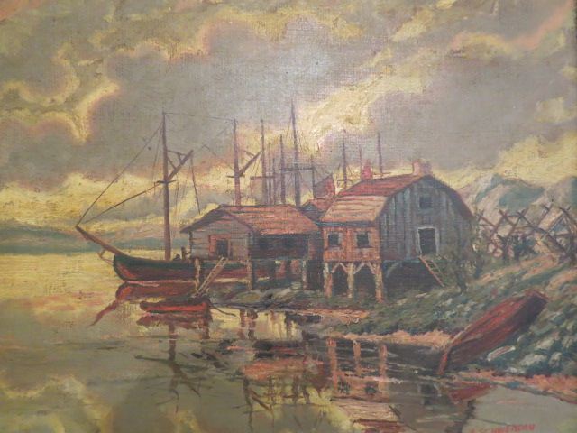 Appraisal: E Schendau Oil Waterfront Scene with boats buildings on canvas