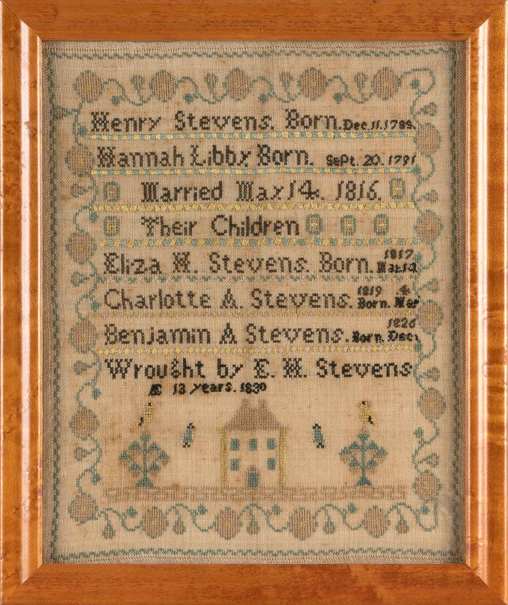 Appraisal: NEEDLEWORK SAMPLER FAMILY RECORD Maine Dated Stevens family record Wrought