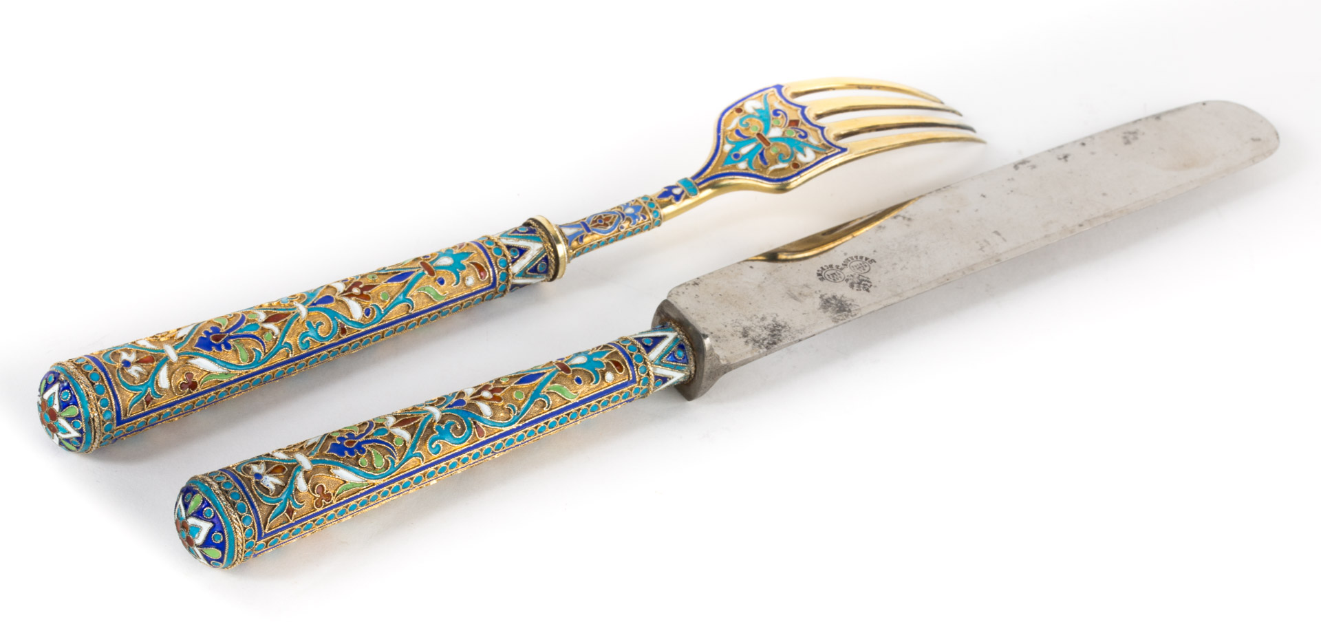 Appraisal: Russian cloisonne enamel silver knife fork matching knife and fork