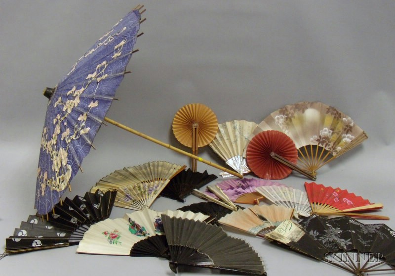 Appraisal: Asian Bamboo-handled Painted Paper Parasol and Seventeen Assorted Hand Fans