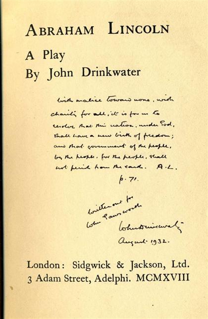 Appraisal: vol Drinkwater John Abraham Lincoln A Play London Sidgwick Jackson