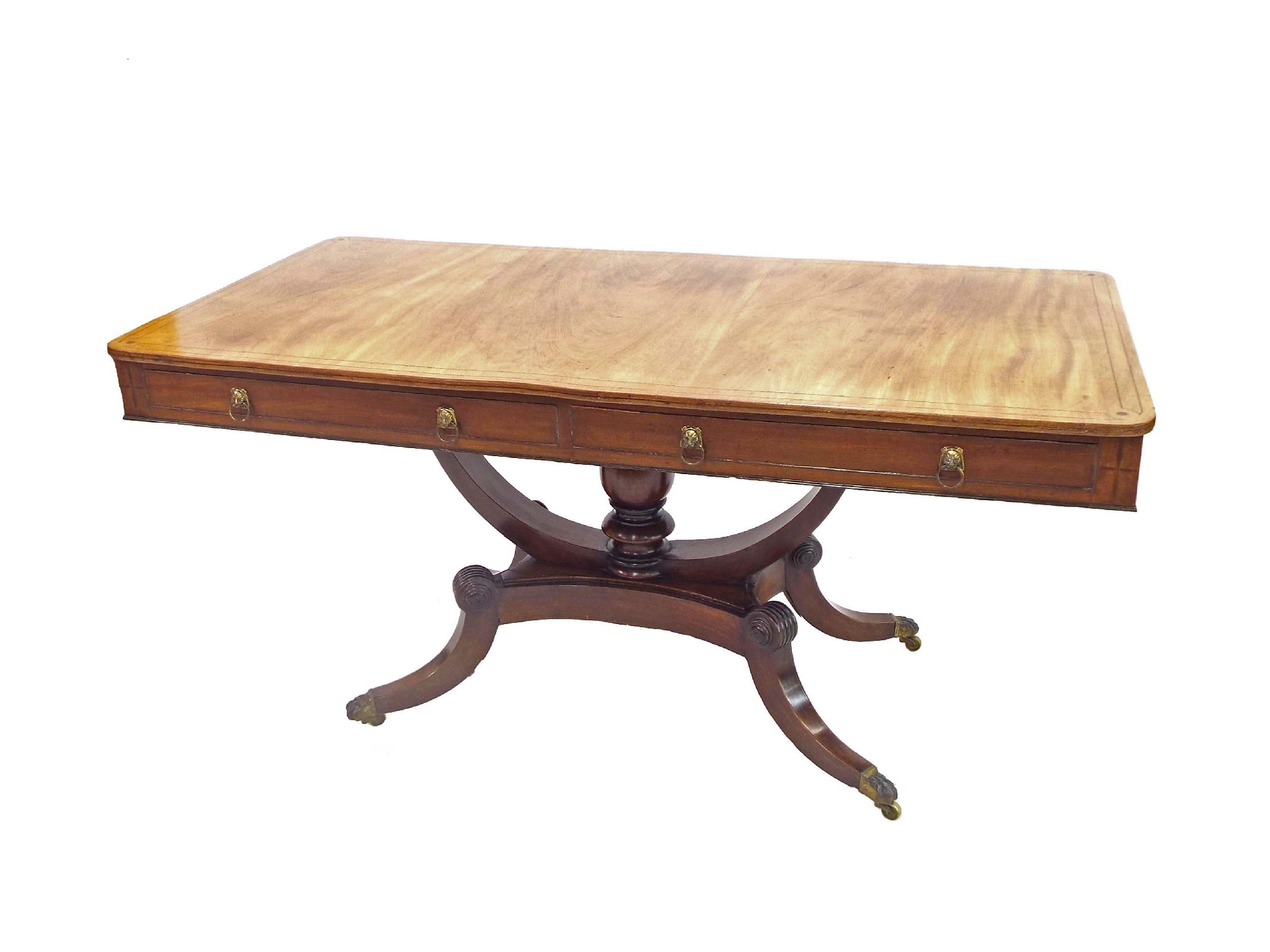 Appraisal: Regency flame mahogany and boxwood inlaid library table the moulded