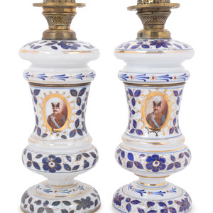 Appraisal: A Pair of Persian Market Opaline Glass Oil Lamps Late