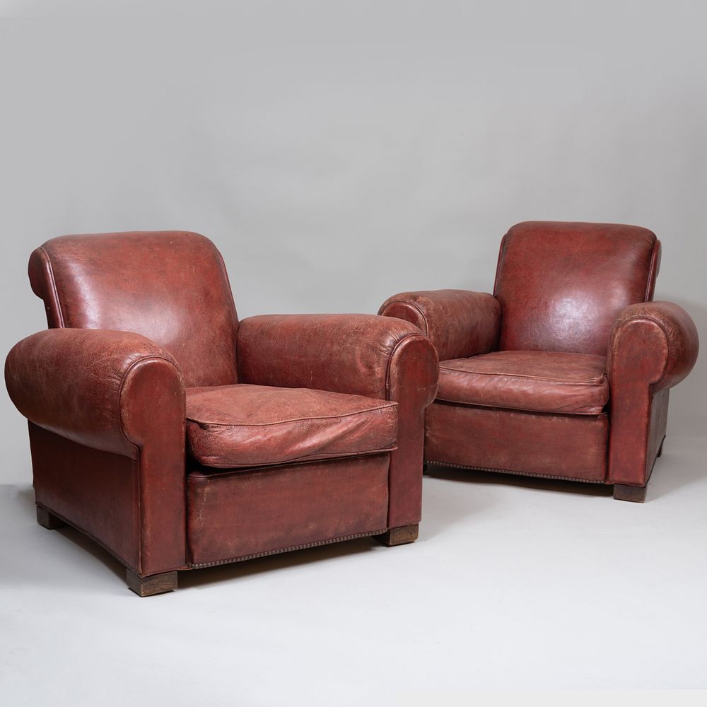 Appraisal: Pair of Modern French Brass-Studded Leather Club Chairs x x