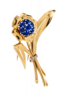 Appraisal: A Retro Yellow Gold Sapphire and Diamond Flower Reflection Brooch