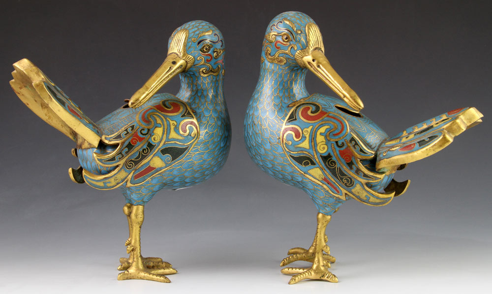 Appraisal: - th C Chinese Cloisonn Censers Pair of bird-shaped cloisonn