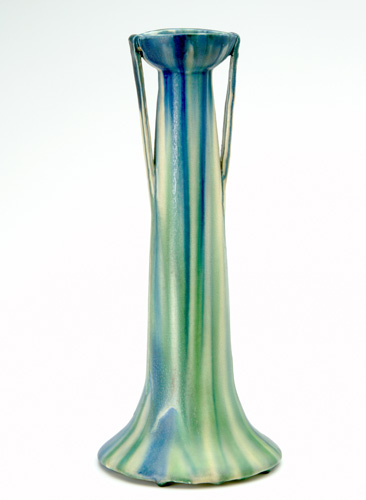 Appraisal: ROSE VALLEY Tall two-handled vase covered in indigo green and